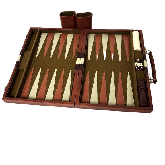 Backgammon Set Faux  Brown Cream Leather Case Complete - Picture 1 of 11